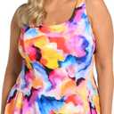 Maxine of Hollywood Women's Standard Seam Front Swim Dress One Piece Swimsuit (22, Multi//Watercolor Bliss)