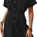Bsubseach Womens Swimsuit Coverup Short Sleeve Button Down Tie Beach Shirt Dresses Summer Bathing Suit Cover Up Swimwear, Large, Black