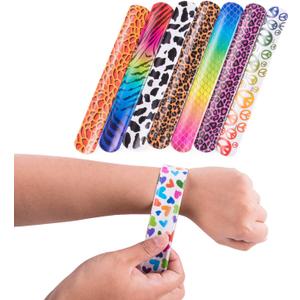 Super Z Outlet Slap On Plastic Vinyl Retro Bracelets with Colorful Hearts & Animal Print Design Patterns for Children, Toy Party Favors (72 Pack)