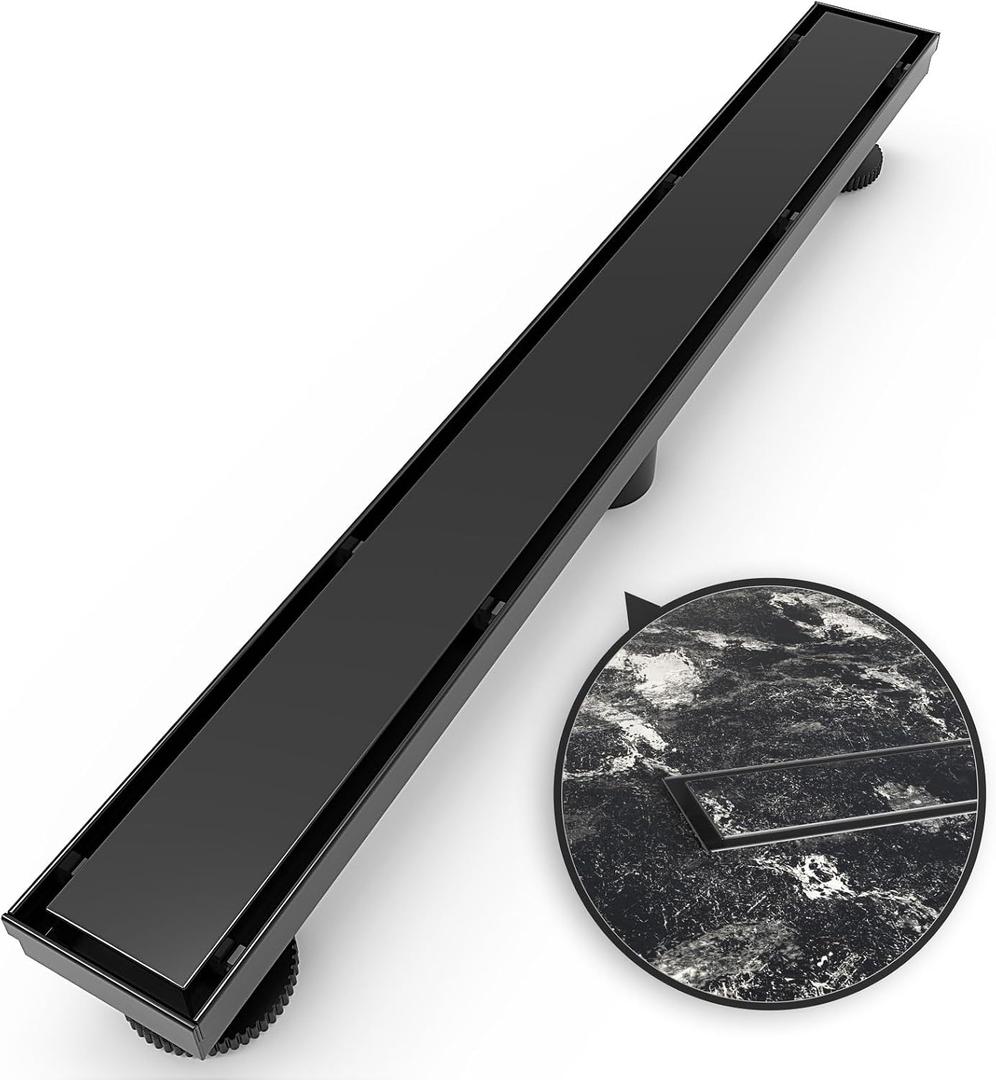 24 Inch Linear Shower Drain Rectangular Floor Drain with Accessories Reversible 2-in-1 Cover Tile Insert Grate Removable SUS304 Stainless Steel CUPC Certified Matte Black