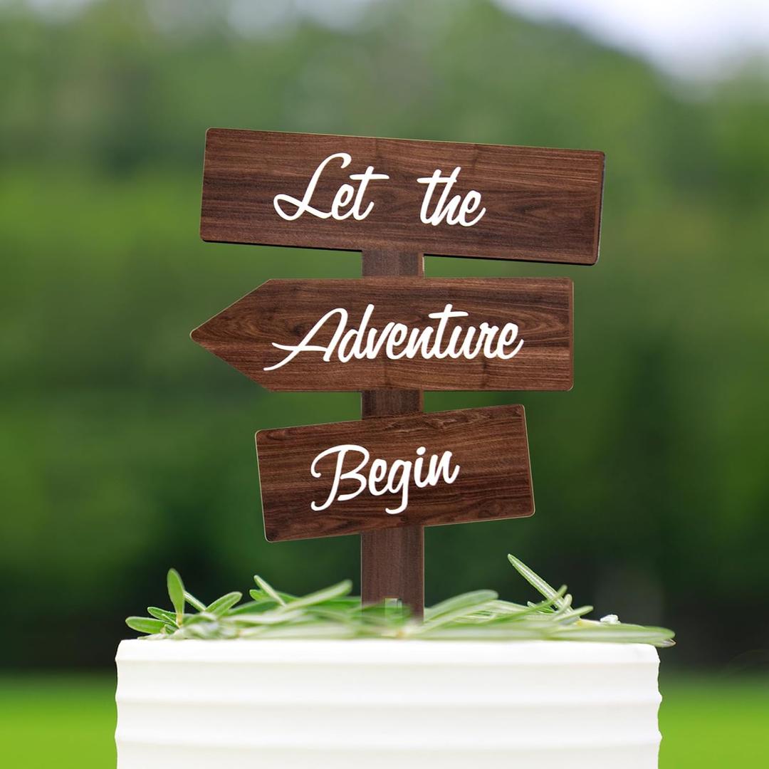 Let the Adventure Begin Cake Topper Wooden Adventure Awaits Baby Shower Cake Topper for Boy or Girl, Travel Themed Engagement Party & Rustic Wedding Cake Decorations