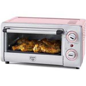 GreenLife Countertop Toaster Oven Air Fryer Stainless Steel, Healthy Ceramic Nonstick, PFAS and PFOA-Free, Tray & Basket, Bake, Broil, Reheat, Adjustable Temp & Time Control, Auto Shutoff, Pink
