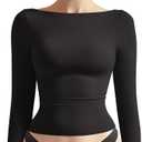 SUUKSESS Women Crew Neck Long Sleeve T Shirts Double Lined Tight Fitted Crop Top (X-Small, Black)
