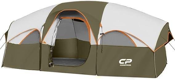 CAMPROS CP 8 Person Camping Tent, Room Divider, Rainfly, Weather Resistant
Family tent with 5 large mesh windows, double-layer design, and a carry bag, 14' x 9' x 72"(H)