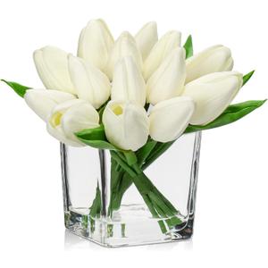 DILATATA Artificial White Tulips in Vase with Faux Water 5.5" Real Touch Flowers Fake Tulips Small Flowers Arrangement in Cube Glass Vase for Mother's Day Table Centerpiece Wedding Home Decor