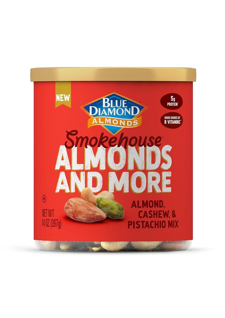 3 x Blue Diamond Almonds, Mixed Nuts Smokehouse Flavored Deluxe Snack Nuts, Almonds, Pistachios, and Cashews, 14oz. Can (Pack of 1)