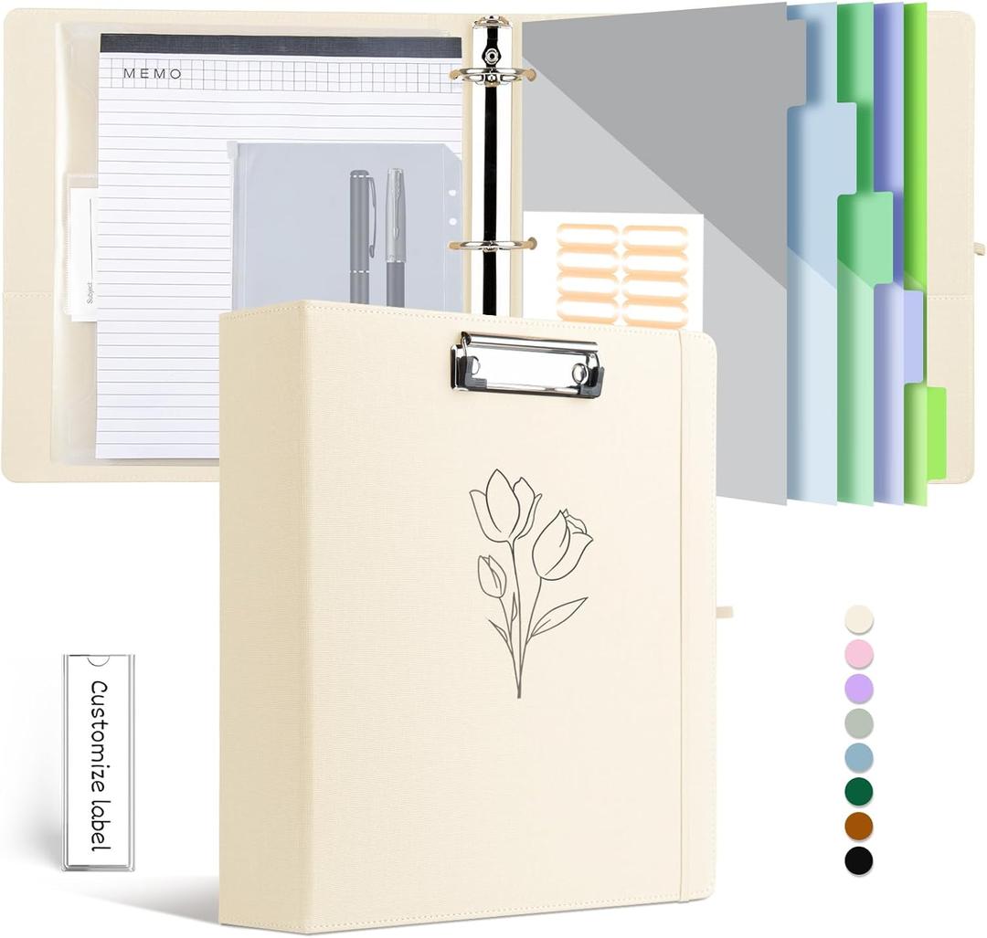 3 Ring Binder with Clipboard,2 Inch Binders with Notepad&5 Dividers with Pockets, Labels,PU Clipboards for School Office(Pink Tulip,Letter Size) (1-beige Tulip)