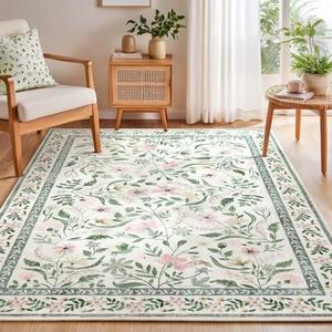 SHACOS 5x7 Floral Area Rugs for Living Room, Machine Washable Vintage Boho Rugs for Bedroom, Non Slip Soft Floral Low-Pile Nursery Carpet for Kids Room Dining Room Entryway Indoor, Green