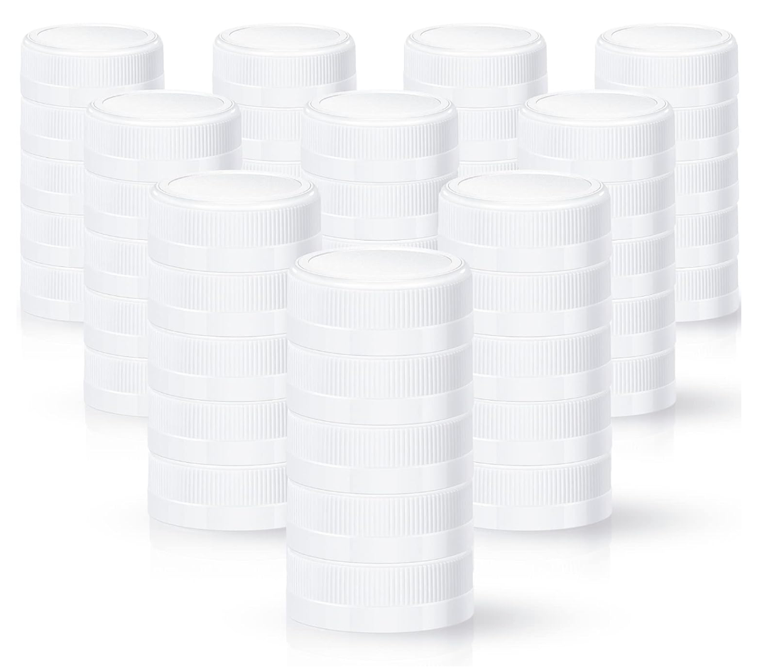 Rozer 50 Pcs White Plastic Bottle Caps 38 mm for Empty Juice Bottles, Tamper Seal Lids Container Lids Bottle Caps for Crafts DIY, 4, 8, 12, 16, and 32 oz Container