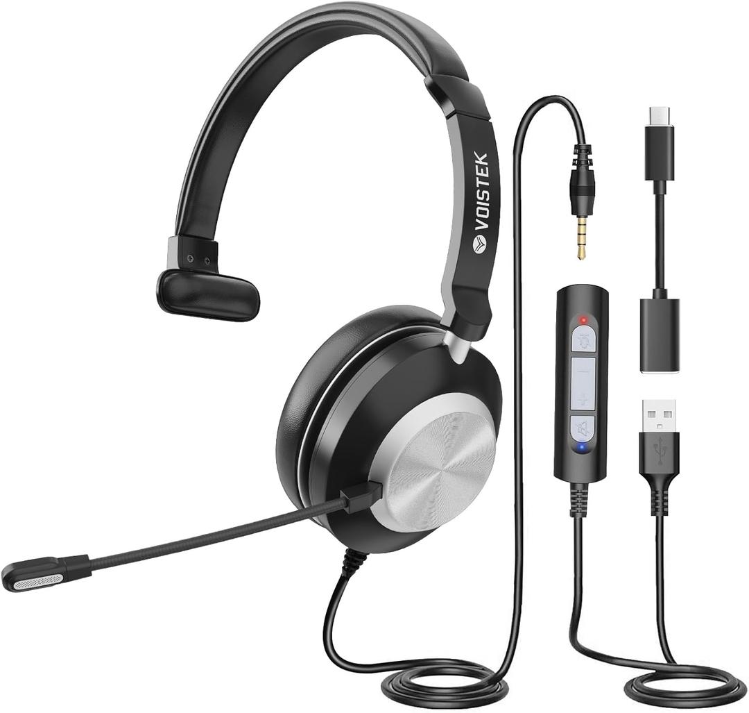 USB Headset with Microphone for PC/Laptop, Computer Headphones (One Ear) Wired Work Headset with Noise Cancelling Mic & Volume Controls for Call Center,Office,Team Meetings,Zoom