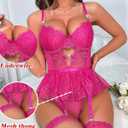 Women Lingerie Set Naughty Lace Bodysuit High Waisted Underwire Lingerie Babydoll With Garter Belt and Stockings (Pink)