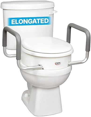 Carex 3.5 Inch Raised Toilet Seat with Arms, Elongated Toilet Seat Riser, 300 lbs Capacity, Elevating and Raising Seat for Elderly and Handicap, Universal, Slip-Resistant with Padded Handles, White