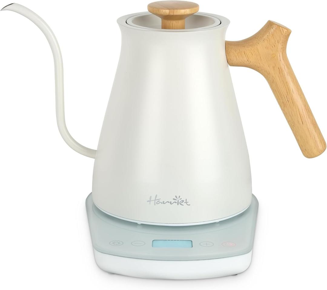 Harriet Gooseneck Electric Kettle - 1200W Fast Heat, 0.8L Stainless Steel, Precision Temp Control & Timer, Wood Handle, Pour Over Coffee and Tea, White