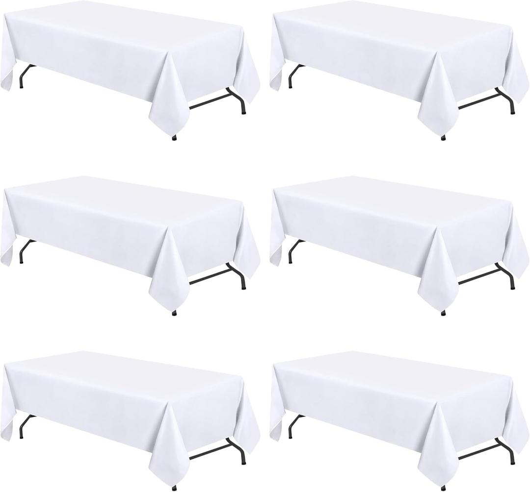 WEALUXE White Table Cloths for 6 Foot Folding Tables [6 Pack, 60x102 Inches] White Tablecloths Rectangular, Stain and Wrinkle Resistant Washable Linen Fabric Cloth