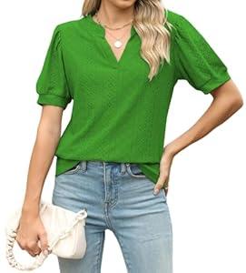 Dressy Tops for Women Business Casual Shirts Short Sleeve Blouses V Neck Summer Clothes Vividgreen S
