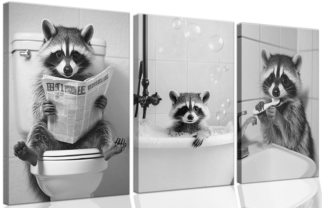 Funny Raccoon Bathroom Wall Art Prints,Framed Cute Raccoon Canvas PrintsKid's Room Wall ArtCute Raccoon Print Pet Shop Wall Art, Modern Canvas with Framed Canvas PrintFramed 16 X 24inches X 3piece