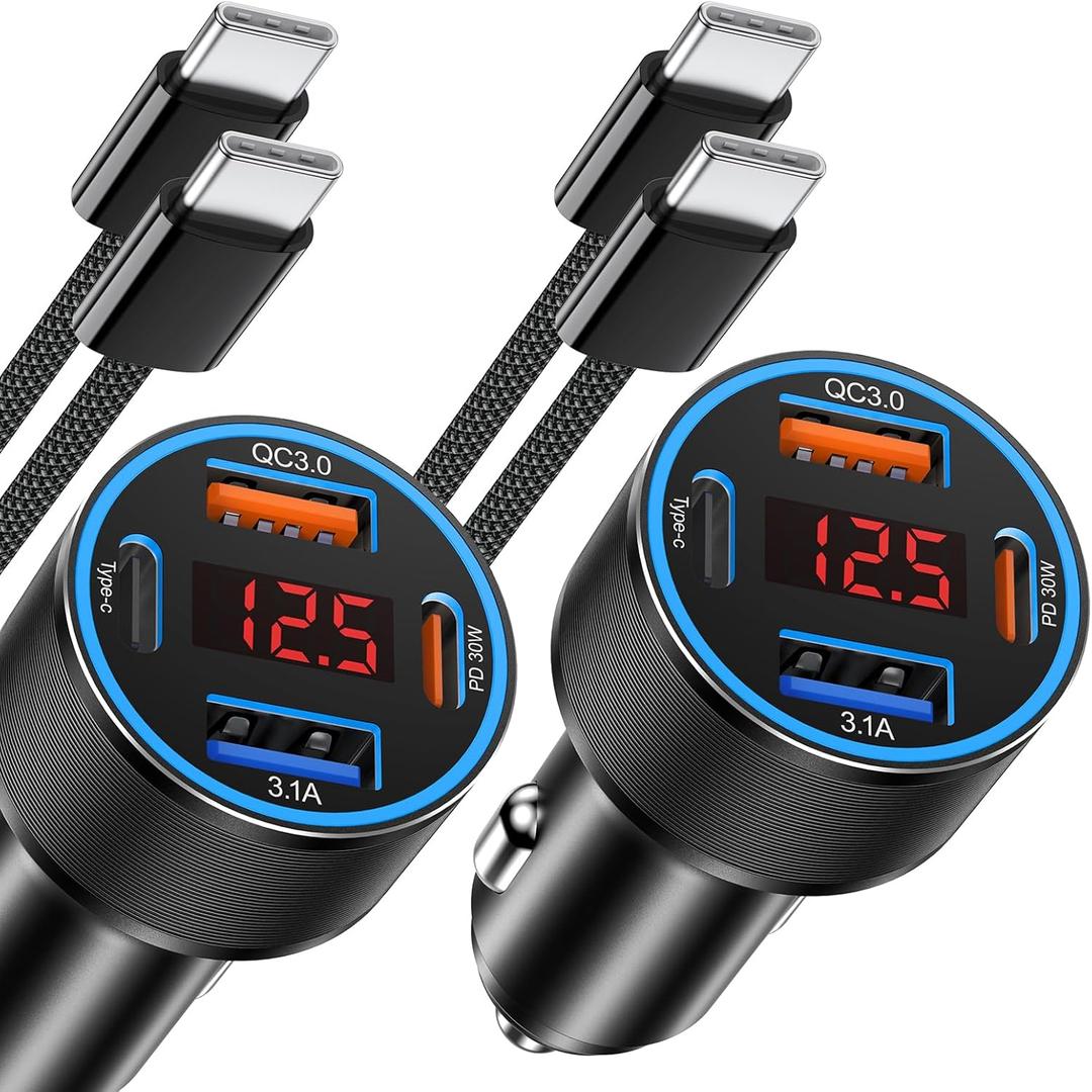 65W iPhone Car Charger Fast Charging, 2Pack 4 Port USB C Fast Car Charger+6ft Type C to C Cable, Dual USB-C&USB-A Cigarette Lighter Adapter with Voltmeter for iPhone 17 16 15 Pro Max,iPad,Galaxy,Pixel
