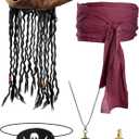 Sintege 5 Pieces Pirate Costume Set, Pirate Hat with Dreadlock Earrings Skull Necklace Eye Patch Sash for Men Women
