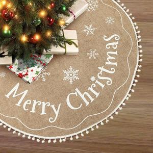 AerWo Christmas Tree Skirt 36 Inch, Burlap Tree Skirt Printed with White Snowflake and Merry Christmas Decor, Brown Tree Skirt for Christmas Decorations New Year Holiday Party Supply Indoor Outdoor