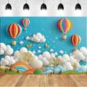 Rainbow Hot Air Balloon Flower Photography Background Happy 1st Birthday Backdrop Girl Boy 1st Birthday Party Cake Smash Banne Blue Sky White Clouds Baby Shower Newborn Background (Blue, 5X3feet)