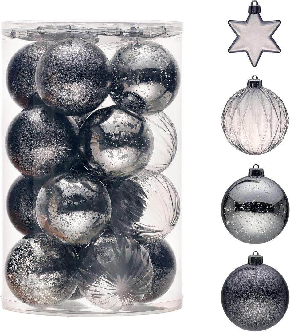 Black Christmas Ornaments, 25ct 3.15in Large Clear Plastic Hanging Ornaments for Christmas Tree, Halloween, Party