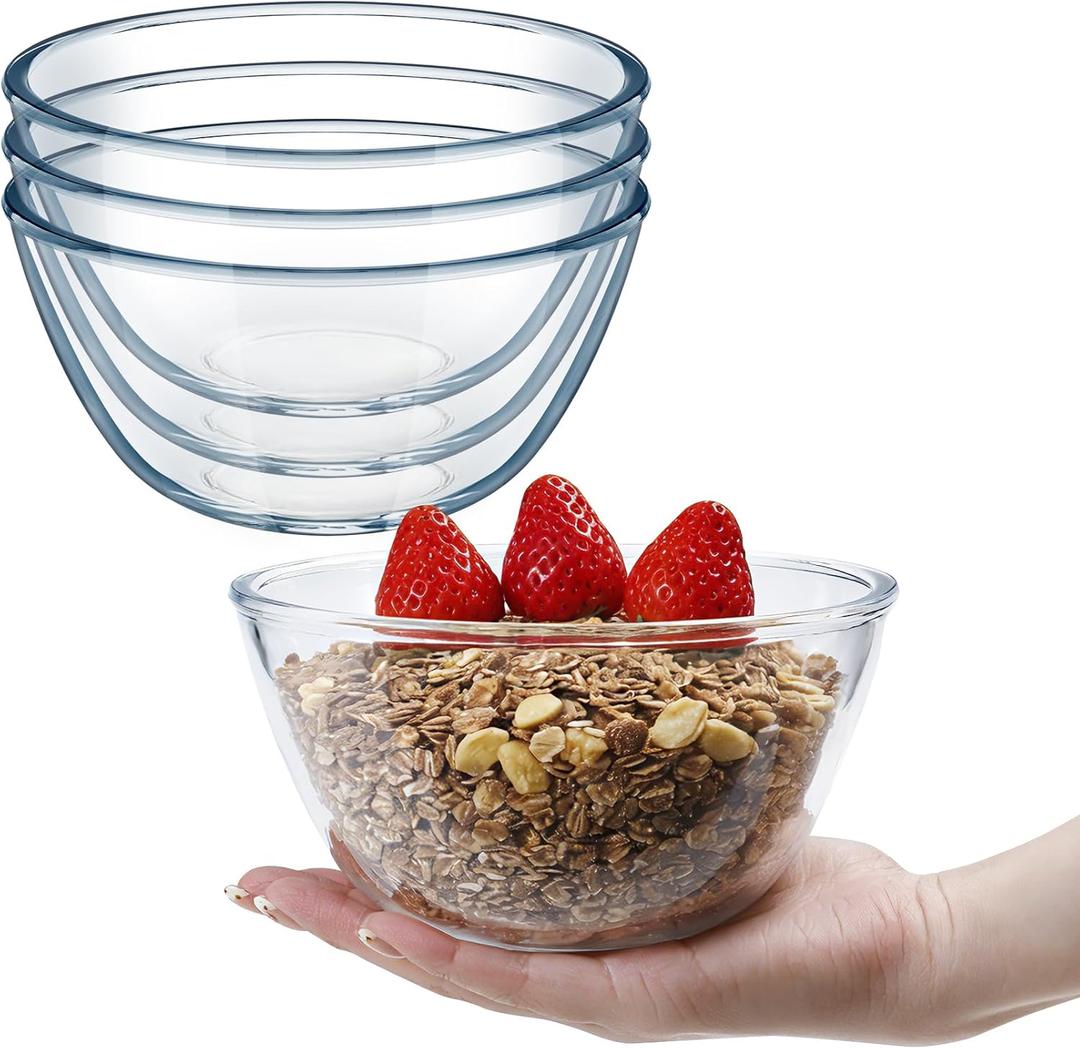 4 PCS Glass Bowls, 6.6inch Clear Glass Cereal Bowls, Flat Bottom Serving Bowls Microwave Dishwasher Safe