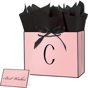 3 x Linelglobal Pink Letter Gift Bag with Handles for Women 12.6" Anniversary Wedding Party Includes Envelope, Card, Wrapping Paper - Initial C, 1 Count