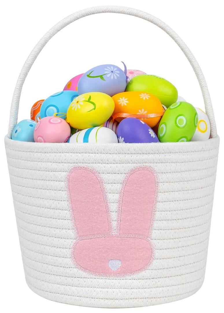 2 x CubesLand Easter Basket for Girls Kids, Adorable Bunny Basket for Easter Egg Hunts, Soft & Safe Babys First Easter Basket, Sturdy Cotton Rope Empty Gift Basket, Festive Dcor- Pink-Large