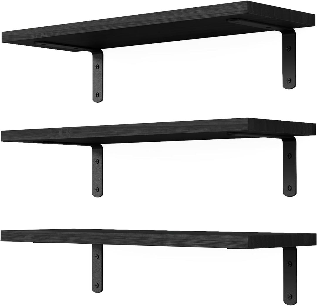 DOLLFIO Floating Shelves, 3 Sets Wall Wooden Shelves for Dcor, Mounted Bathroom Shelf Storage, Book Wall, Bedroom, Living Room Black, HM02, 16.5*5.9*0.6 inches