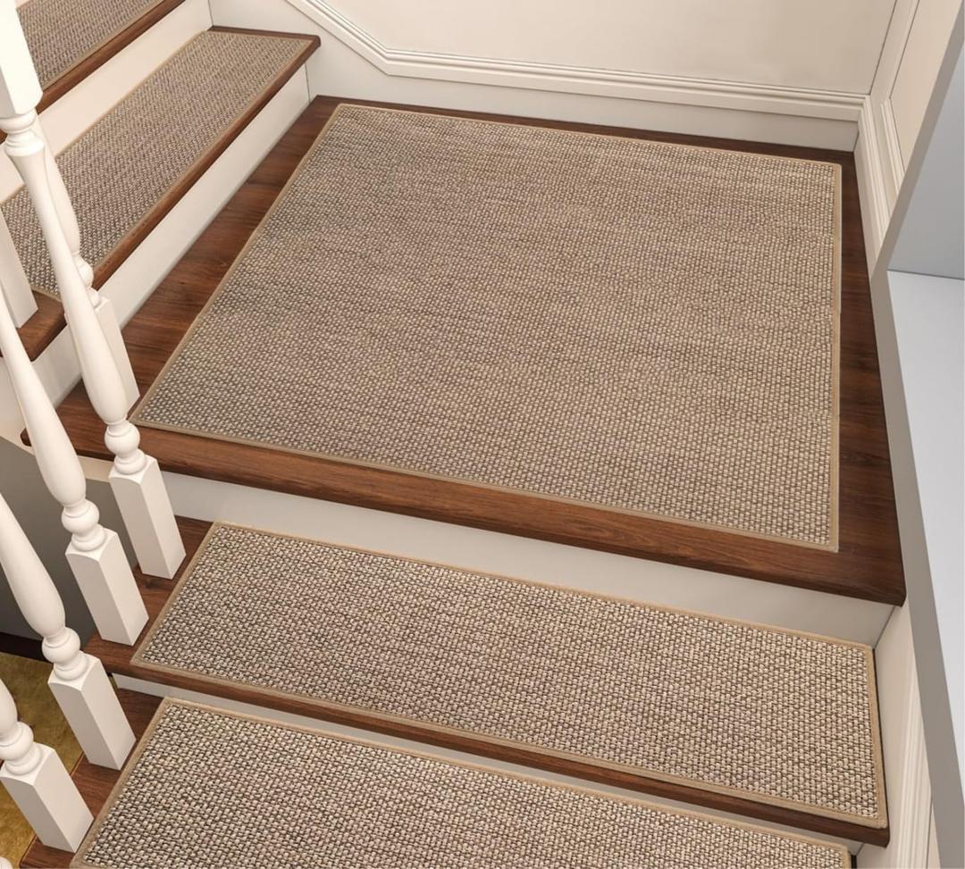 Linen Stair Landing Mat for Wooden Steps Indoor 28 * 28 inch, Upgraded Self Adhesive Backing Non Slip Stair-Treads Matching-Mat, Peel and Stick Square Stair Rugs (Beige)