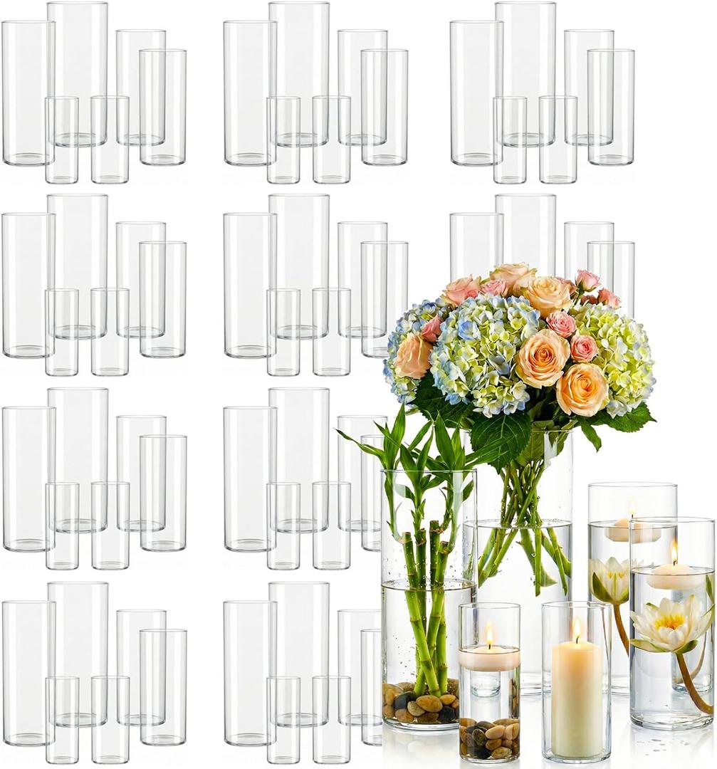 72pcs Big Glass Cylinder Vases for Centerpieces,Clear Flower Vases for Wedding Decorations and Indoor Home Decor, Hurricane Candle Holder for Table Shelf, Party (72Pack(6+6+8+8+10+10inch))