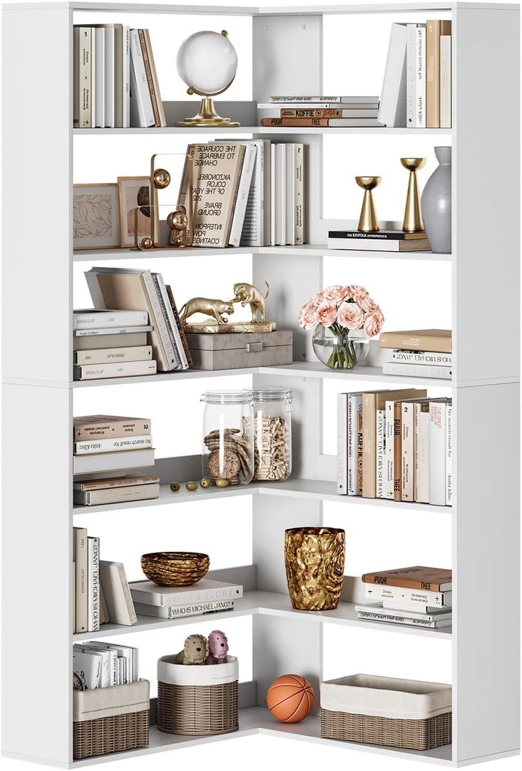 MilleLoom 6-Tier Corner Bookshelf with Baffles, Industrial Large Corner Etagere Bookcase, L-Shaped Tall Corner Bookcase, Corner Shelf Display Rack Storage for Living Room Home Office