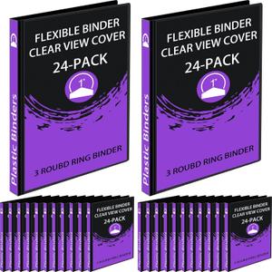 Fulmoon 24 Pcs 3 Ring Plastic Binders Bulk with 2 Pockets Flexible Binder with Transparent View Cover Plastic Binder for Home Office(1 Inch,Black)