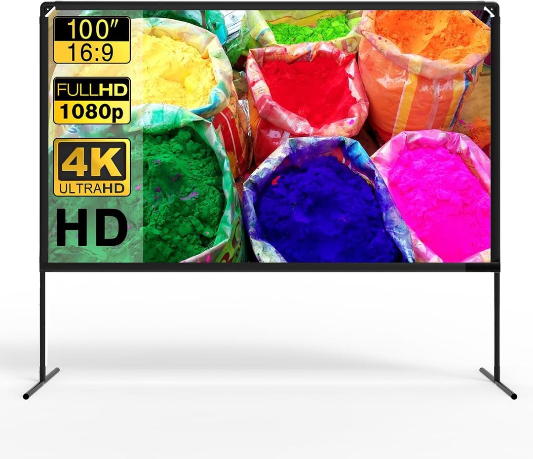 Projector Screen with Stand,100 Inch,Thickened Wrinkle-Free Outdoor Movie Screen and Sturdy Frame for Home Movie Theater