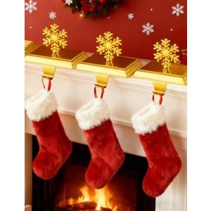 SYITCUN Metal Stocking Holders for Mantle Set of 3, Golden Magnetic Snowflakes Christmas Stocking Holder, Weighted Flat Stocking Hooks for Fireplace, Interesting Christmas Decorations