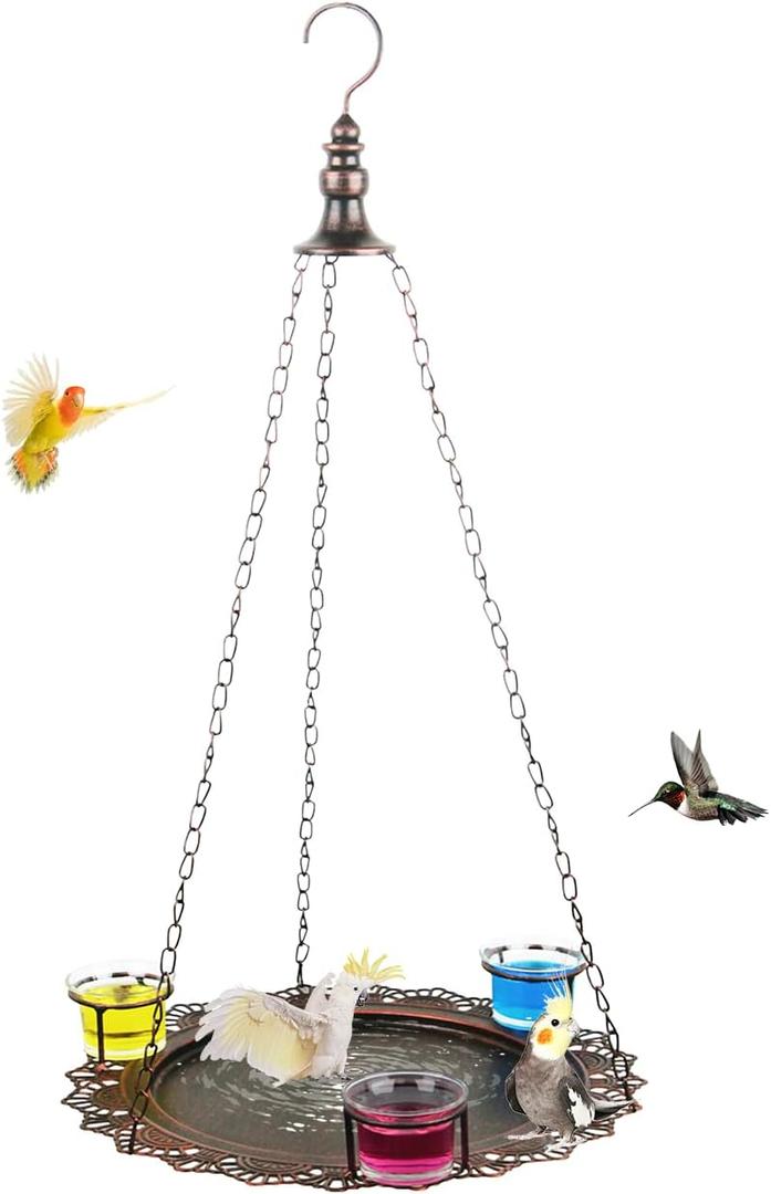 2 in 1 Hanging Bird Baths Bird Feeder for Outdoors, Metal Water Bowl Bathtub for Parakeet Indoor Feeding Tray for Pet Birds Parrot Bath Shower with Hanging Chains