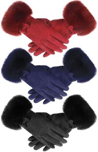 Shihanee 3 Pairs Women Winter Gloves with Fur Cuff Touchscreen Suede Red Black Blue Gloves Fleece Lined Bow Tied Cold Weather Warm Thermal for Texting Gifts Driving Running