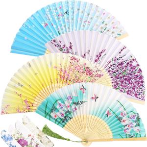 Zonon 4 Pack Handheld Floral Folding Fans Hand Held Silk Bamboo Fans with Tassel Women Hollowed Hand Foldable Fan with Fabric Sleeve for Dancing Wedding Decoration Gifts(Bright)