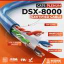 MONK CABLES | CAT 6 Ethernet Cable 1000ft | 100% Pure Bare Solid Copper Cat 6 Cable | 23AWG UTP CMP Rated Plenum | 550MHz, 10Gbps & PoE++ LAN | DSX-8000 Tested | Cat6 Bulk Ethernet Cable | Blue