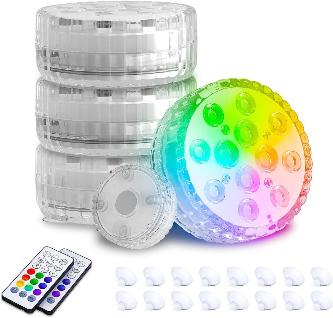 Submersible Pool LED Light, Underwater Light, 16 RGB Color Changing, RF Remote,Magnetic/Suction Cup/Battery, IP68 Waterproof Pool Lights for Pond/Bathtub/Shower/Hot Tub/Spa 4 Packs