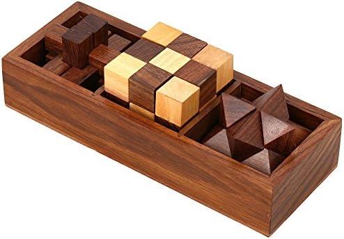 Ajuny 3-in-One Wooden Puzzle Games Set - 3D Puzzles for Teens and Adults - Challenging Brain Teasers 3D Puzzle IQ Logic Handcrafted Games, Includes Decorative Storage Box Best Gift 3 in 1 Game Set