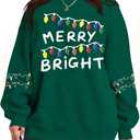 Oversized Christmas Sweatshirt Women Merry and Bright Shirt Christmas Tree Lights Sweatshirts Xmas Holiday Pullover Tops (Green, M)