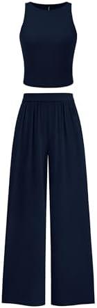 PRETTYGARDEN Spring Two Piece Sets For Women 2025 Ribbed Knit Crew Neck Sleeveless Tank Tops Wide Leg Pants Casual Lounge Set (Navy,Small)