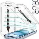 EZ-GLAZ 4-Pack Screen Protectors for iPhone 15[6.1"] Transparent HD Clear with Flawless Fit Kit + 2-Pack Camera Lens Protector, 15-Second Bubble-Free Installation, 9H Hardness, 12FT Military Grade Shatterproof, Scratch Resistant, Tempered Glass