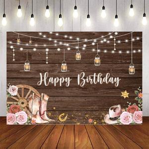 Western Cowgirl Birthday Backdrop - Rustic Saddle Up Boots Pink Flower Yee Haw 30th 40th 50th 60th Party Decorations (7x5ft)