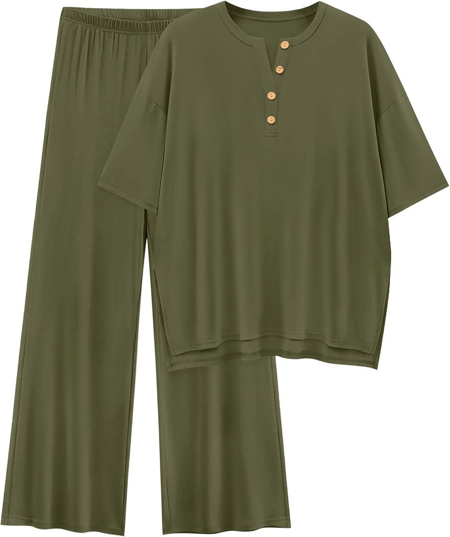 PRETTYGARDEN 2 Piece Lounge Sets for Women Summer 2025 Short Sleeve Tops Wide Leg Pants Matching Travel Outfits Clothing (Army Green,X-Small) (XS)