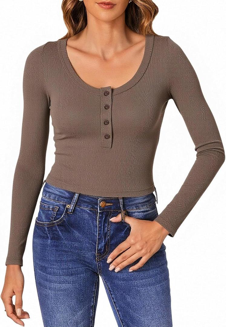 Women's Long Sleeve Crop Tops Casual Button Scoop Neck Ribbed Knit Henley Shirts size large