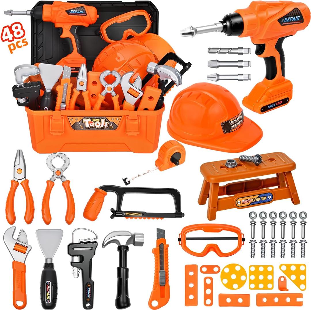 Realistic Kids Drill Tool Set with 48PCS Tools & Sound Effects, Portable Construction Toy for Toddlers Ages 3+ with Safety Gear, STEM Learning Pretend Play for Family Bonding Activities