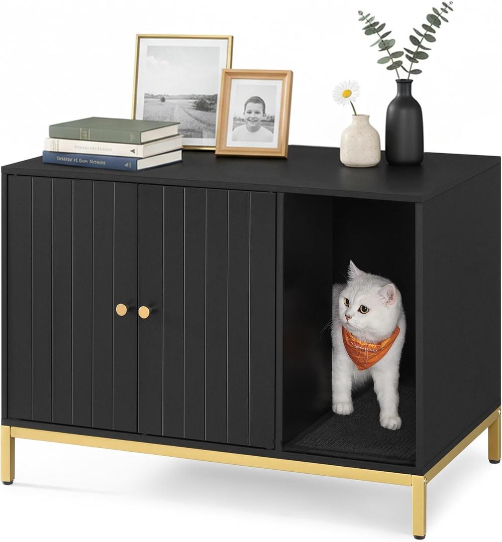 Feandrea Litter Box Enclosure, Modern Cat Litter Box Furniture Hidden, with Scratching Mat, Tall Legs, Cat House, Side End Table, 31.5 x 19.7 x 21.7 Inches, Black and Gold UPCL007B01