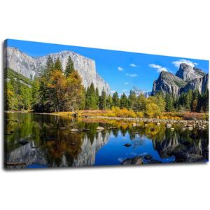 Canvas Wall Art Lake Mountain Forest Nature Picture Bedroom Living Room Large Modern Canvas Artwork Yosemite National Park Landscape for Office Kitchen Home Wall Decor Framed Ready to Hang 24" x 48"